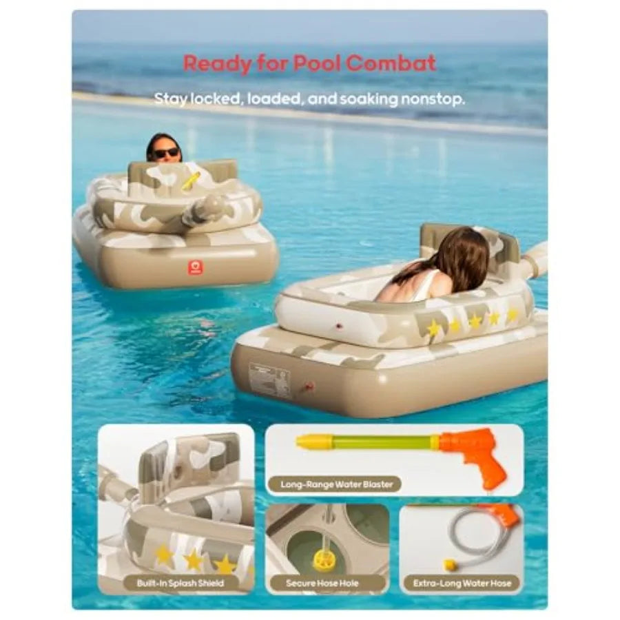 Inflatable Tank Pool Float for Adults and Ride-On Camouflage Floaty with Water Cannon, Swim Raft Toy for Boys Girls, Lake Beach