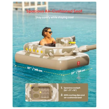Inflatable Tank Pool Float for Adults and Ride-On Camouflage Floaty with Water Cannon, Swim Raft Toy for Boys Girls, Lake Beach